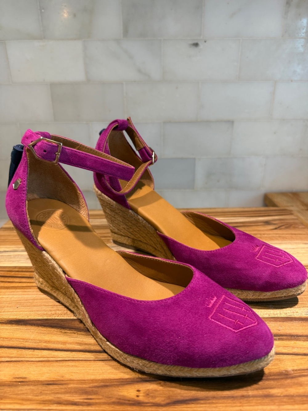 Fairfax & Favor Fuchsia Suede Wedge Espadrilles with Ankle Strap - Picture 3 of 10